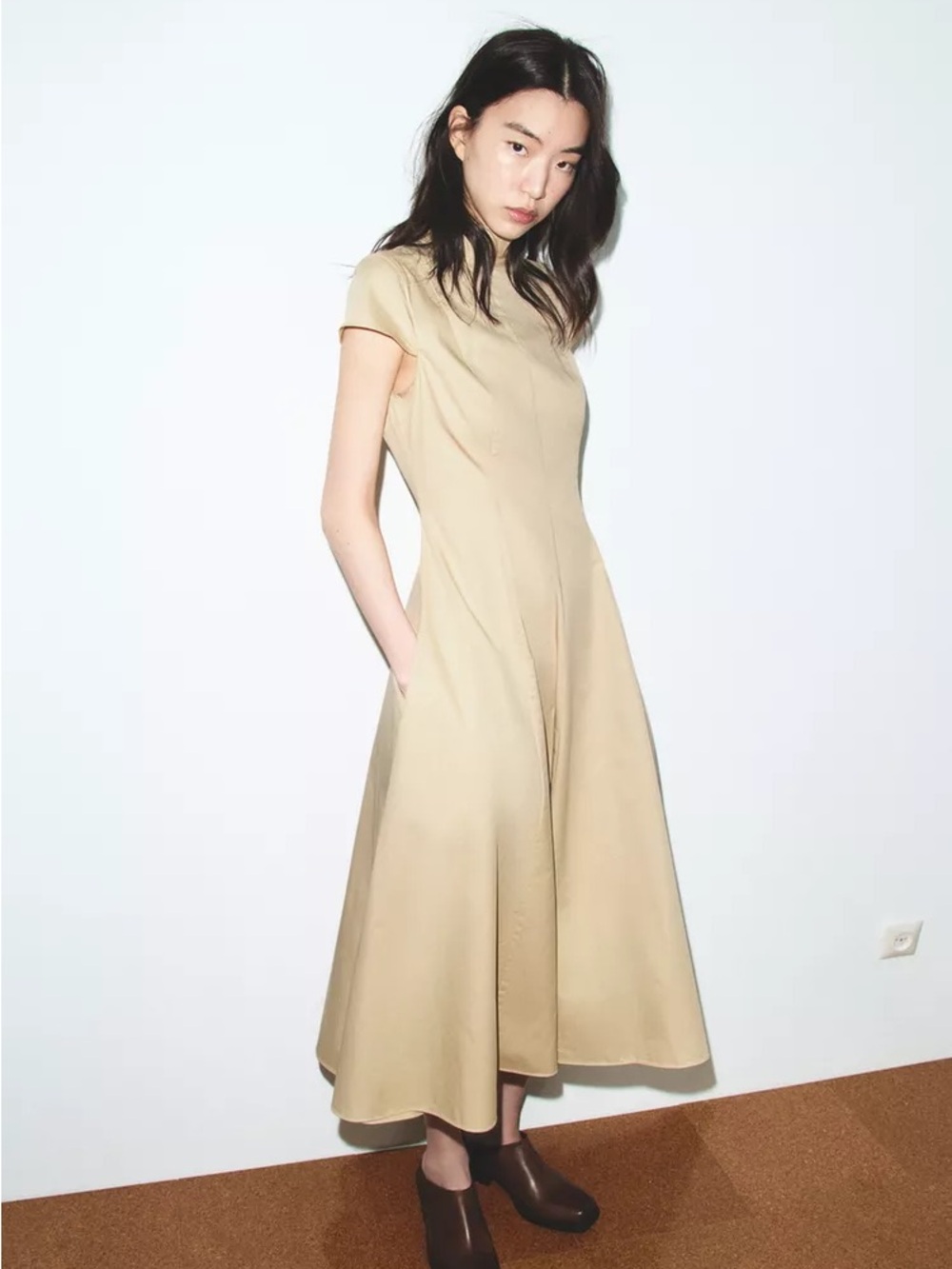 Zara Beige Short-Sleeve A-Line Midi Dress
